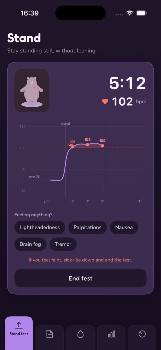 The standing phase with a live heart-rate trace